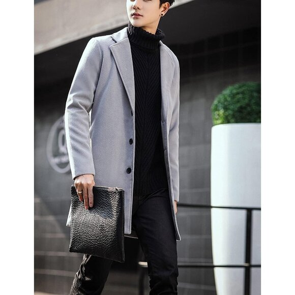 Men's  Light GRAY Wool Blend Pea Coat Notched Collar Breasted Winter Trench Coat - Picture 4 of 5